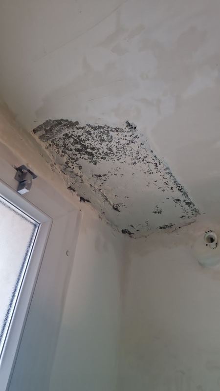 Avant : plafond de salle de bain avec une grande zone abîmée et moisie près de la fenêtre